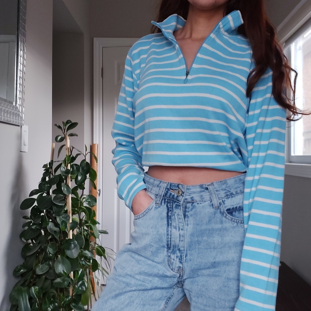L.L Bean Blue and White Zip Up Shirt.